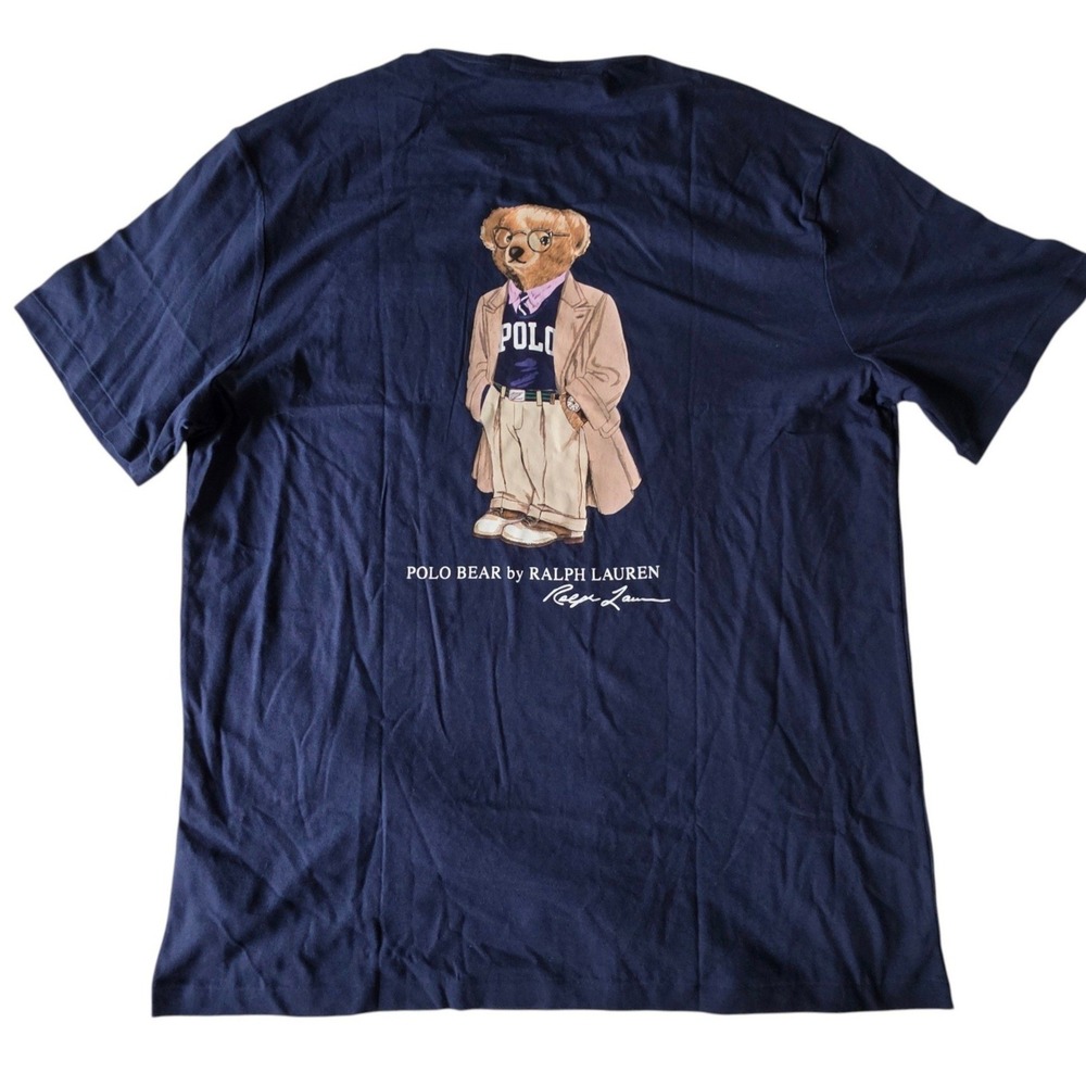 Polo Ralph Lauren Mens T-Shirt Navy Blue Polo Bear Back Graphic Pocket XLT